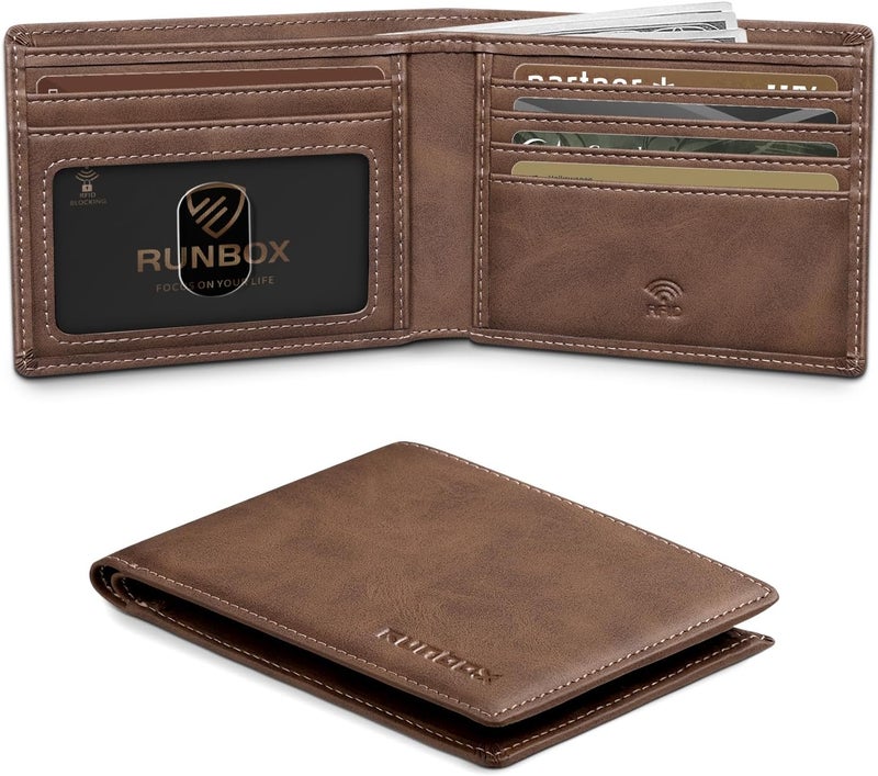 RUNBOX Wallet for Men Slim Leather Bifold RFID Blocking Minimalist Front Pocket Design with Gift Box - Image 1